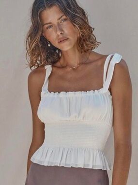 Aritzia Wilfred White Smocked Ruffle Tie-Strap Camisole